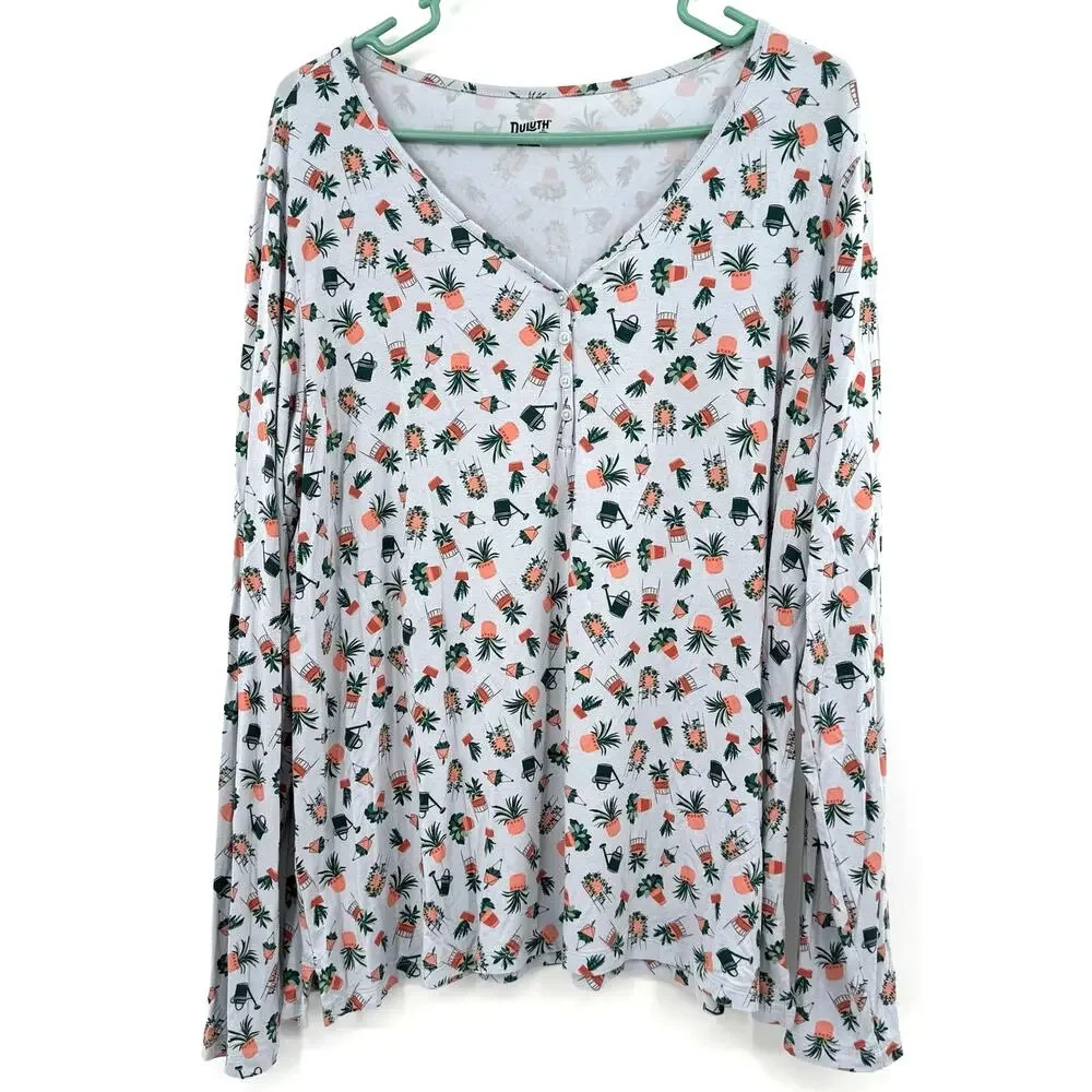 Duluth Trading Co Size XL Long Sleeve Blouse Top Shirt Henley Plants Blue Green - Picture 1 of 5